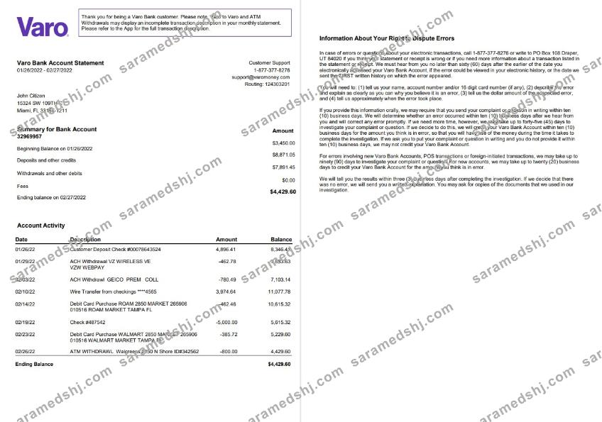 USA Varo bank statement 2 pages, version 2